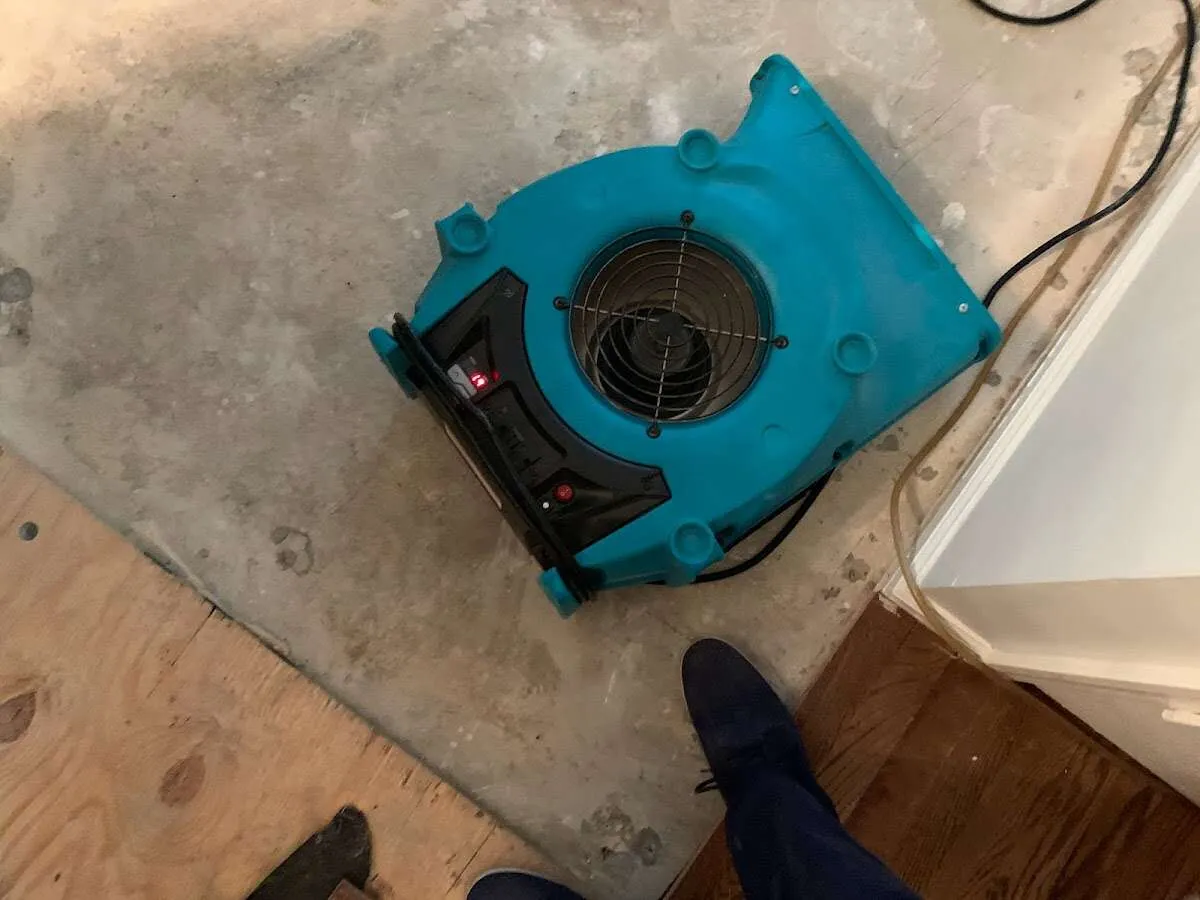 Air mover drying subfloor during Commercial Water Damage Restoration in New Castle